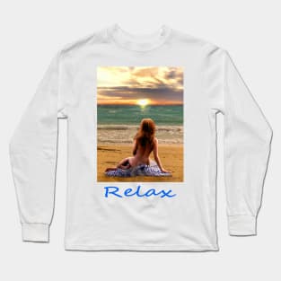 Woman girl seated on beach looking at sunset zen yoga buddhism Long Sleeve T-Shirt